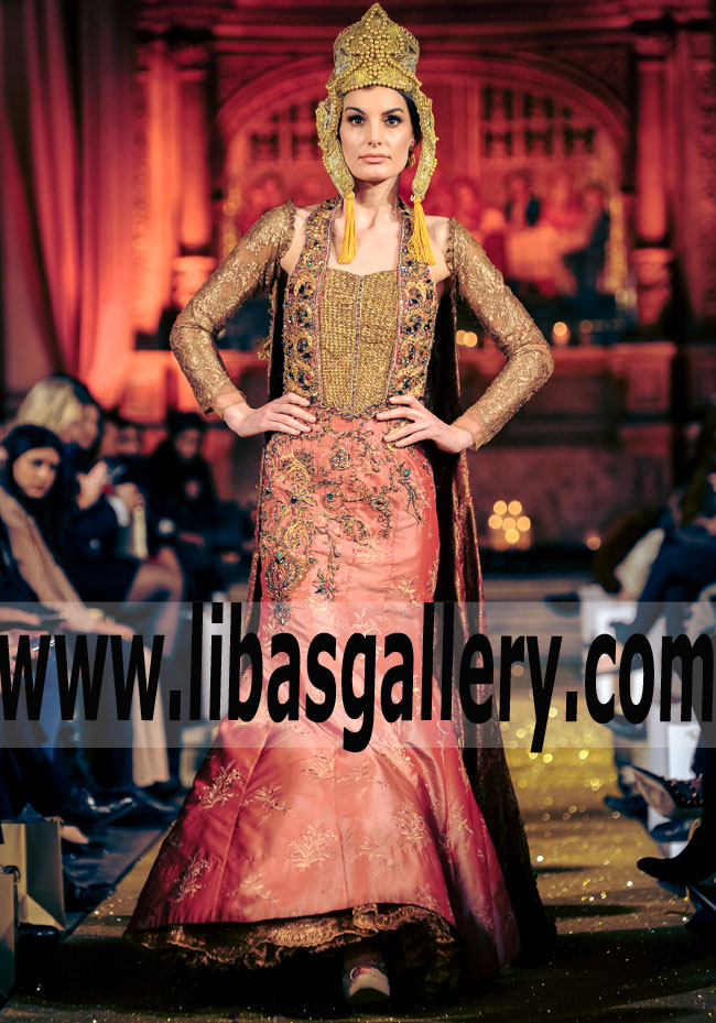 Spectacular Designer Deep Rose Pink Gold Kimkhab Linning With Inner Gown for Wedding and Reception