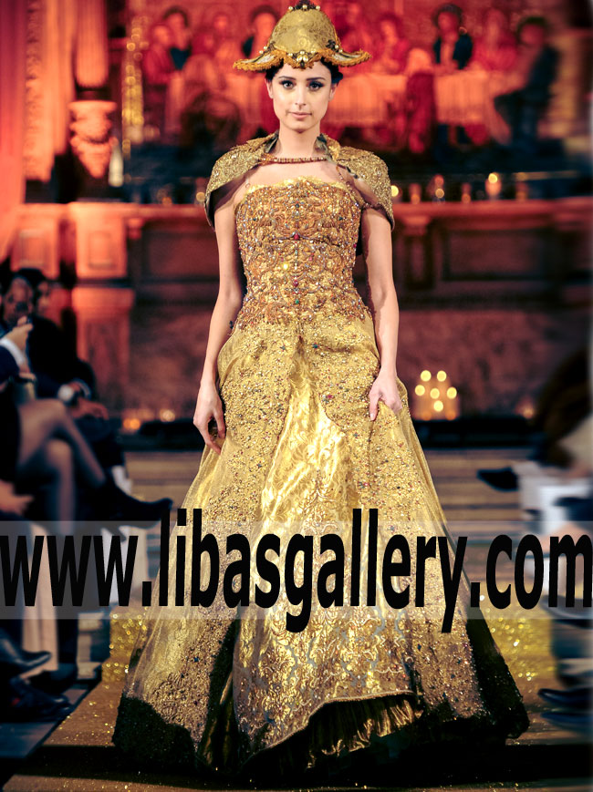 Majestic Designer Honey Gold Embellished Top With kimkhab Shaded Skirt for Reception and Special Occasions