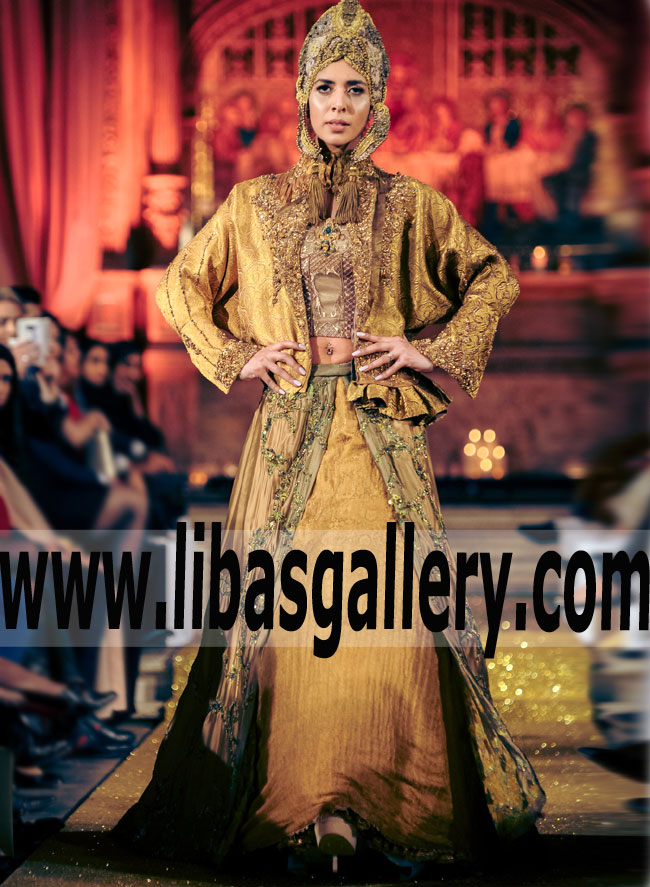 Supremely Stylish Harvest Gold Kimkhab Jacket With Heavily Embelished Layered skirt for Wedding and Special Events