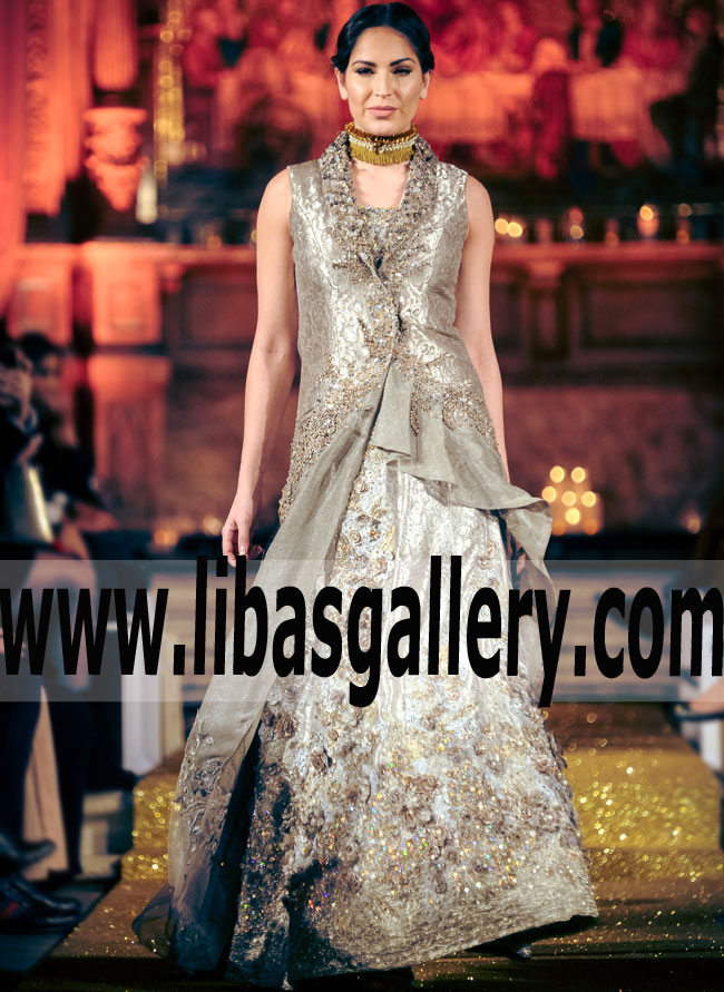 Splendorous Grey Kimkhab Jacket With Heavily Embellished Skirt for Reception or Valima