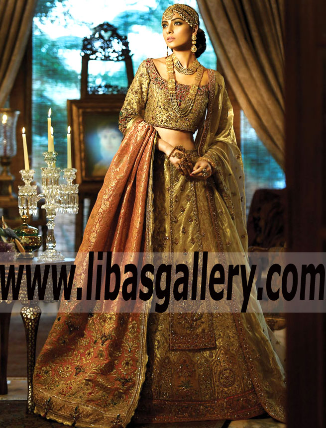 Stunning Old Gold Amorpha Bridal Lehenga