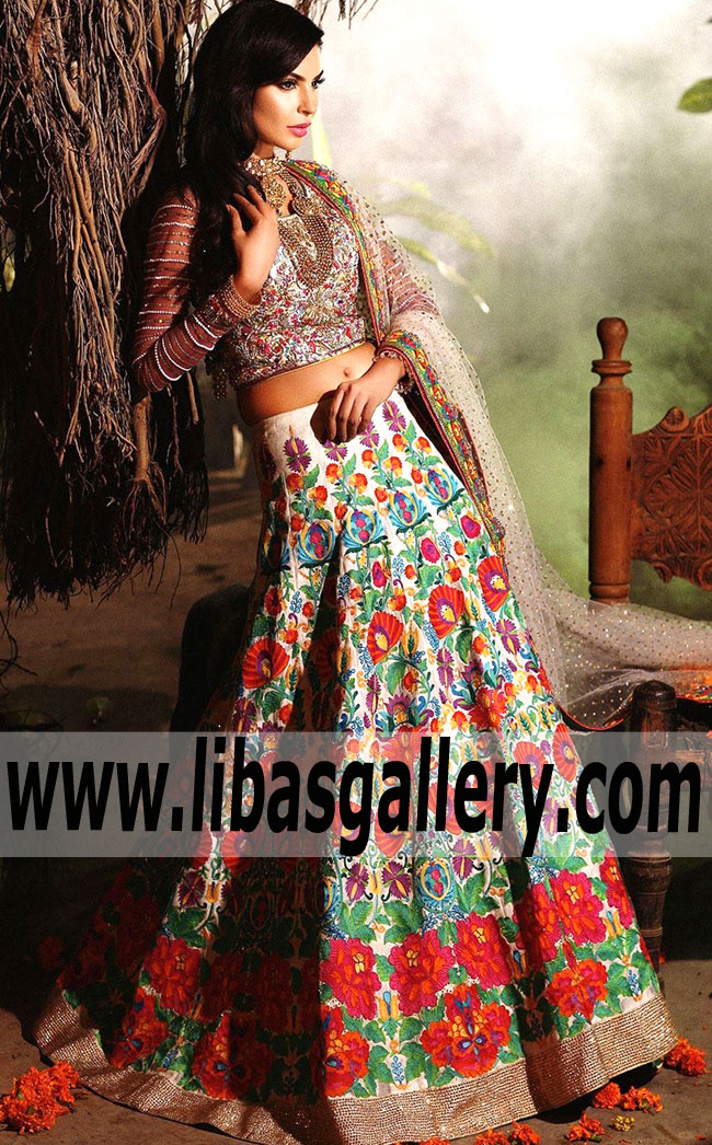 Designer Floral Multi Colored Lehenga Skirt with Rich and Vibrant Embroidery Crafted Bridal Dress for Engagement and next Social Event