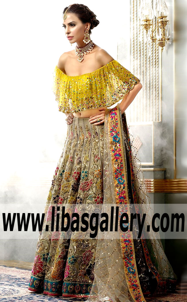 Magnificent Bridal Dress with Gorgeous Lehenga Skirt adorned Exquisite Embellishments and Embroidery Crafted for Engagement and next Social Event