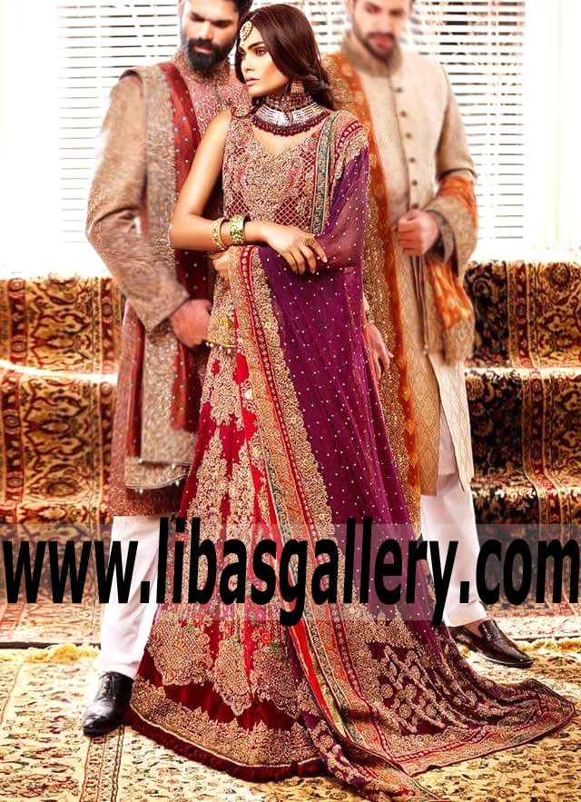 Aisha Imran Bollywood Bridal Wear burgundy Pompom Dahlia Bollywood Wedding Lehenga Pennsylvannia PA