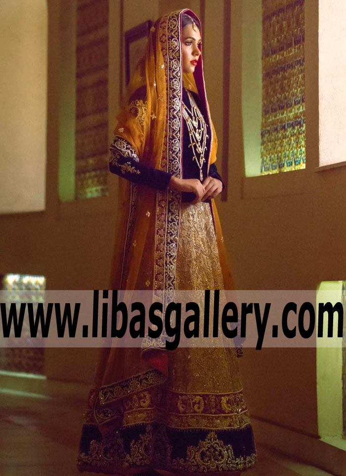Stunning Goldenrod Yellow Zantedeschia Bridal Anarkali