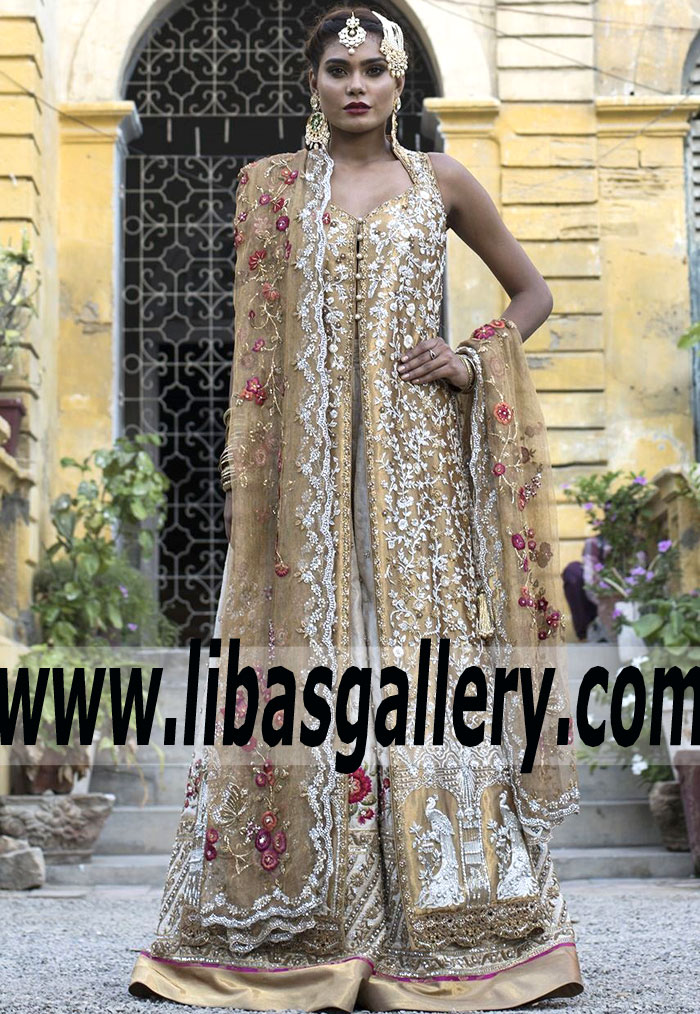 Fabulous Vegas Gold Zantedeschia Pakistani Lehenga