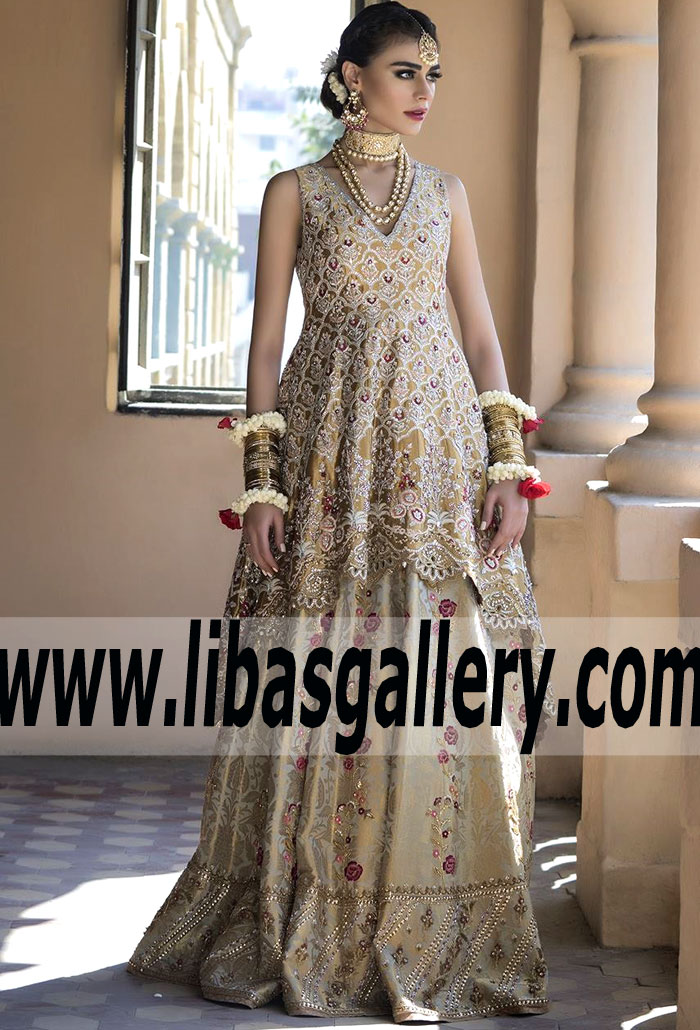 Luxurious Metallic Gold Alstroemeria Modern High-Low Anarkali