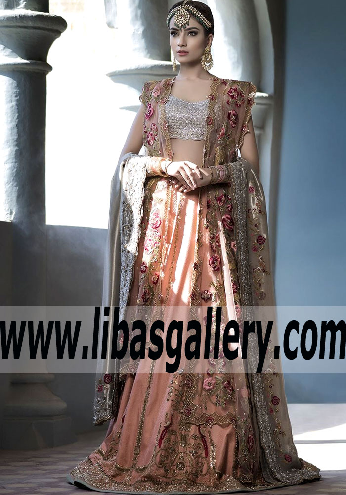 Beauteous Silver Tissue Dendrobium Bridal Lehenga