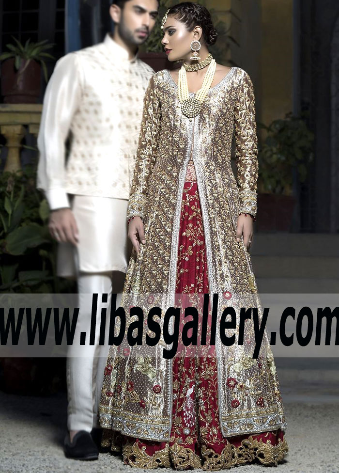 Outstanding Bridal Suit with Embellished Lehenga Pakistani Designer Sania Maskatiya Represents Gold and Red Bridal Outfit