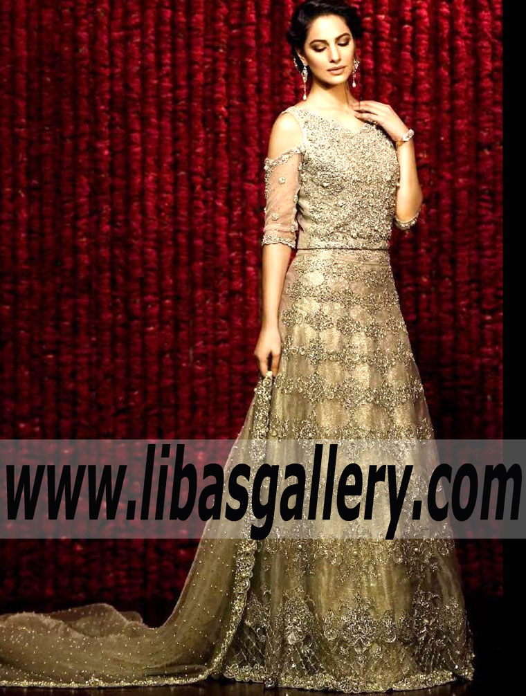 Striking Celosia Dark Champagne Bridal Lehenga