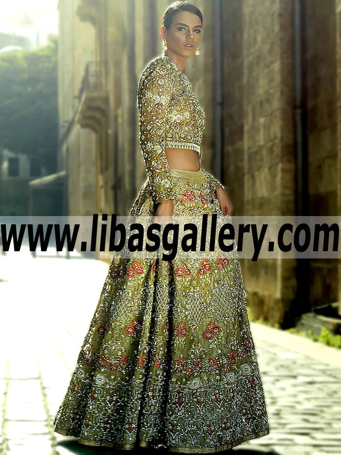 Glamorous Vegas Gold Dahlia Bridal Lehenga