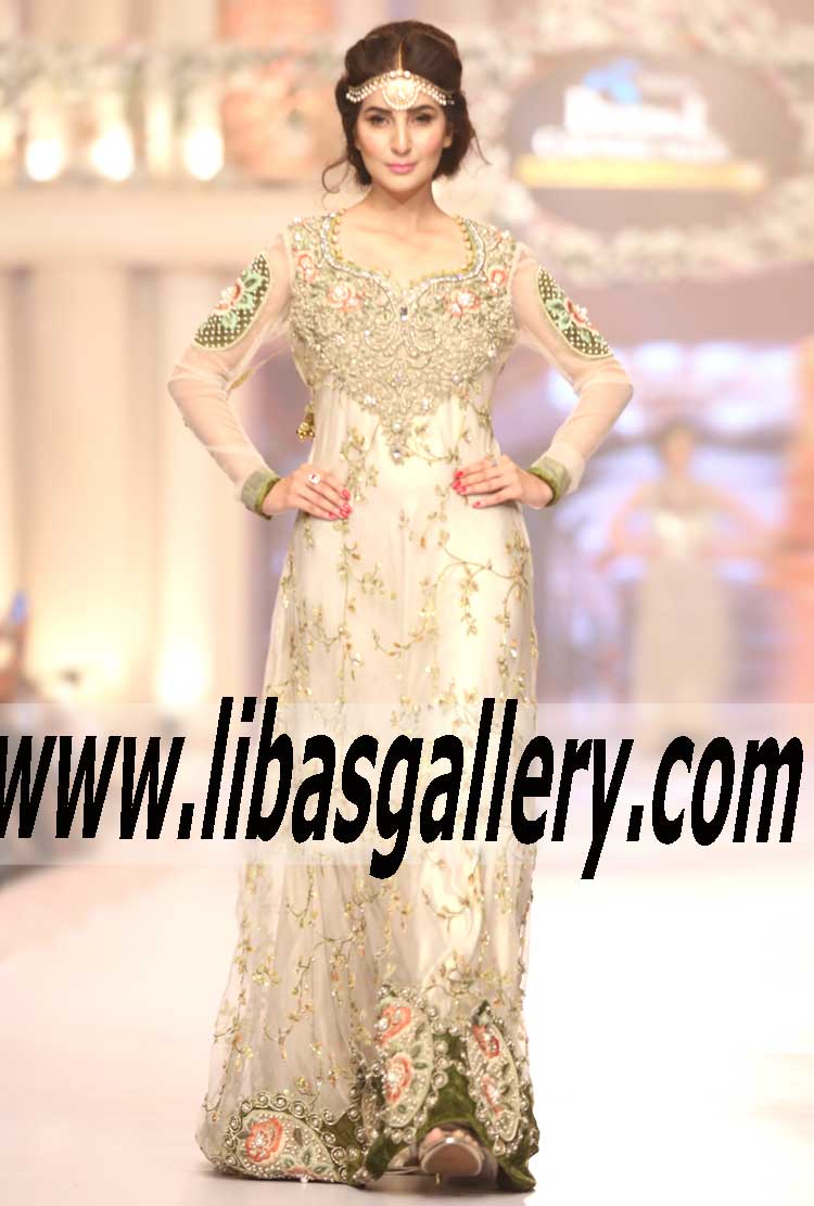 Pakistani style 360 Bridal fashion week 2015 Designer Tabassum Mughal Long Gown Dress with Tail Back Style Soho Road UK
