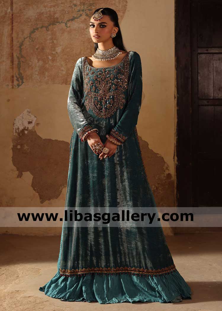 velvet long shirt in Green with intricate neckline hand embroidery and silk lehenga UK USA Canada Dubai Australia