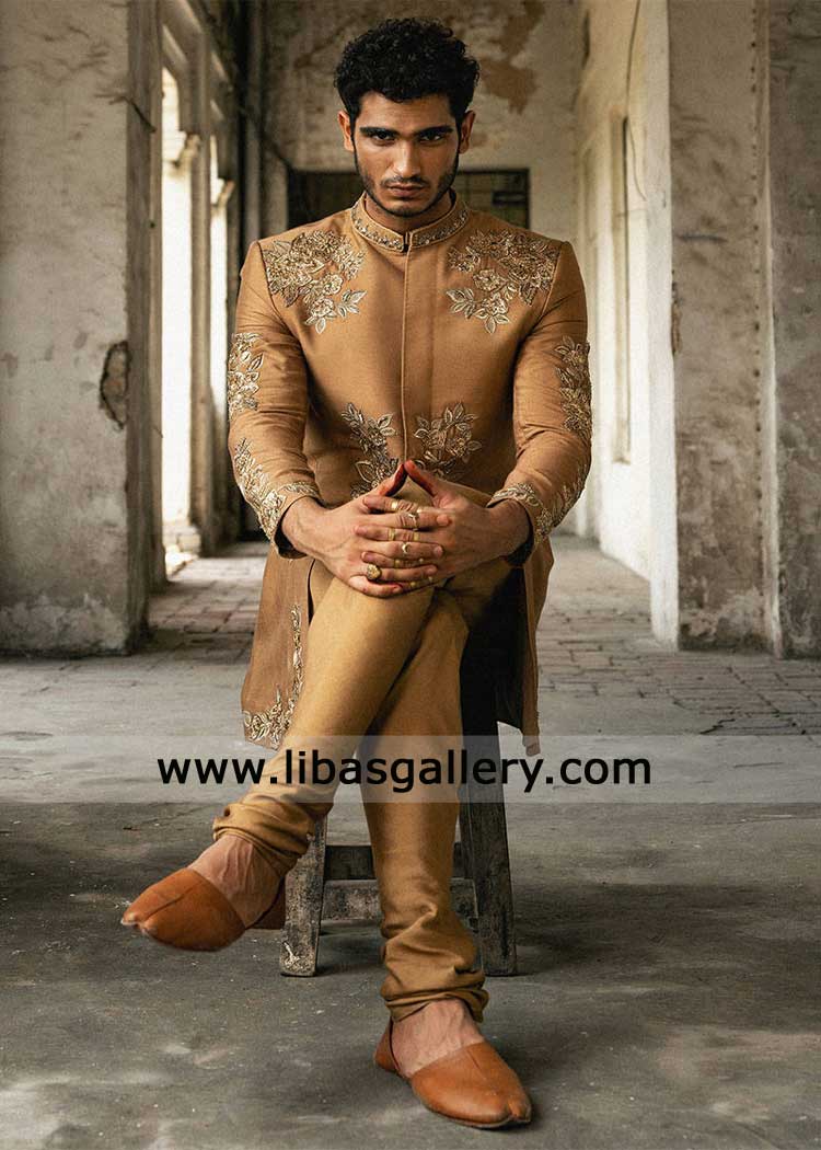 Camel Brown Embroidered Groom Wedding Sherwani