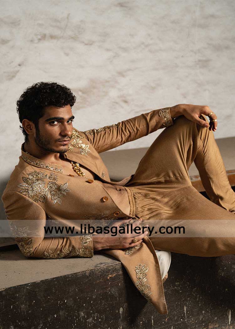 Camel Brown Embroidered Groom Wedding Sherwani