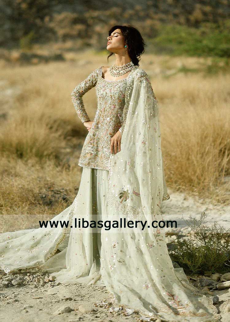 Celadon Green Bridal Short Shirt and Lehenga Hand Embellished
