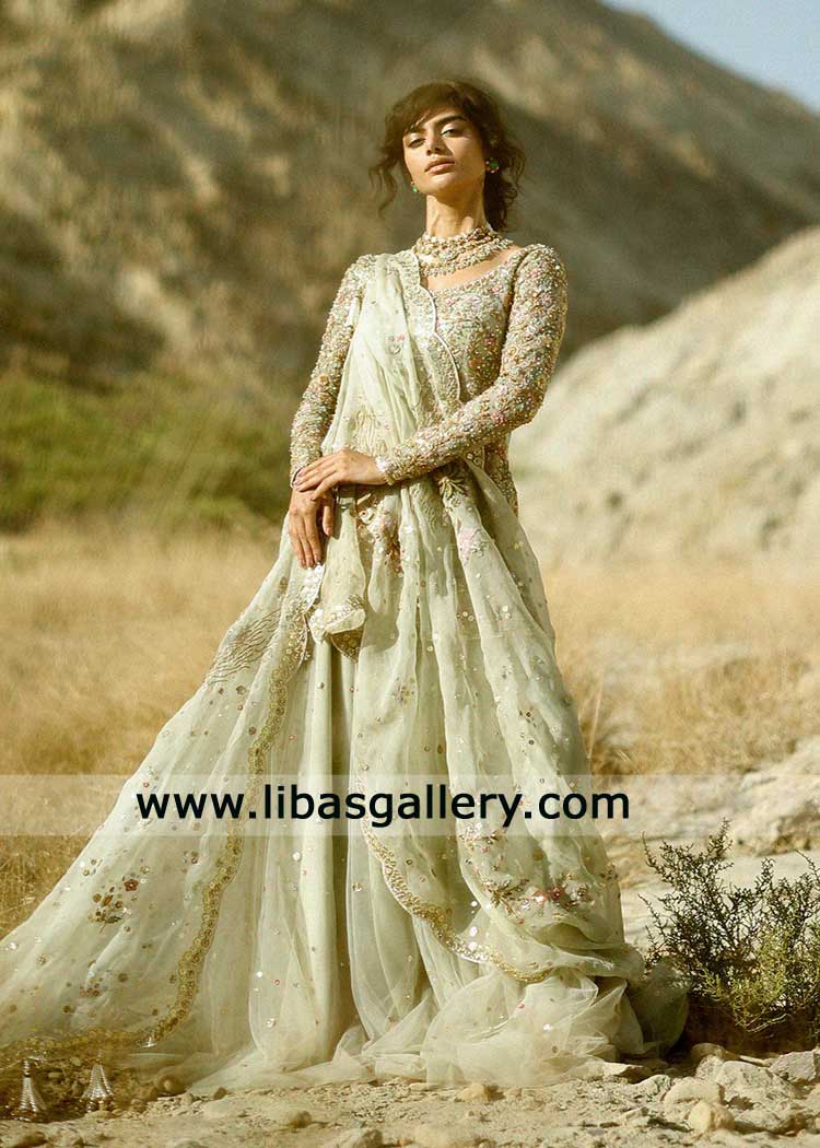Celadon Green Bridal Short Shirt and Lehenga Hand Embellished