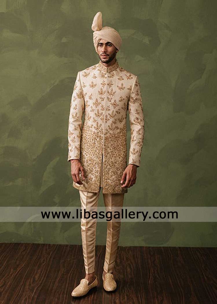 champagne gold jacquard embroidered groom wedding sherwani with matching turban inner and band collar New York city Birmingham Dubai