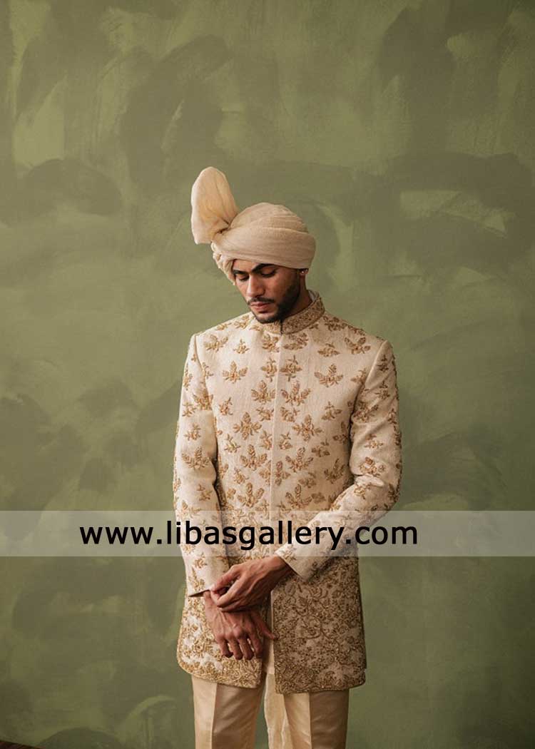 Champagn Gold embroidered Groom Wedding Sherwani