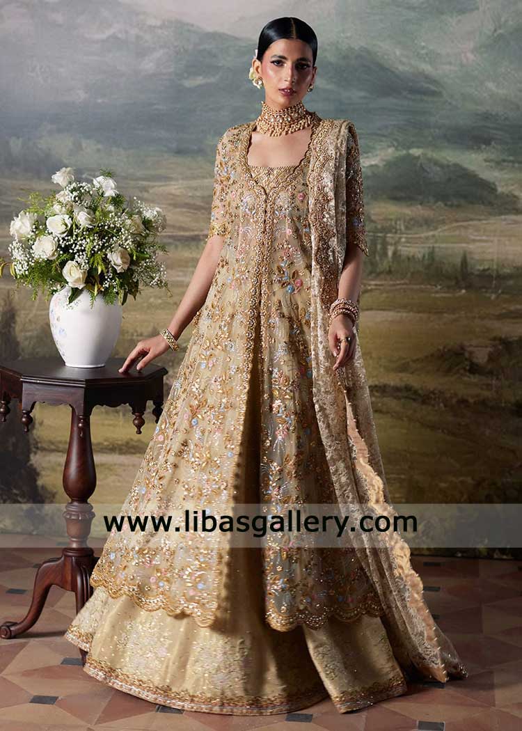 Champagne Gold Heritage Bridal Pishwas with Lehenga