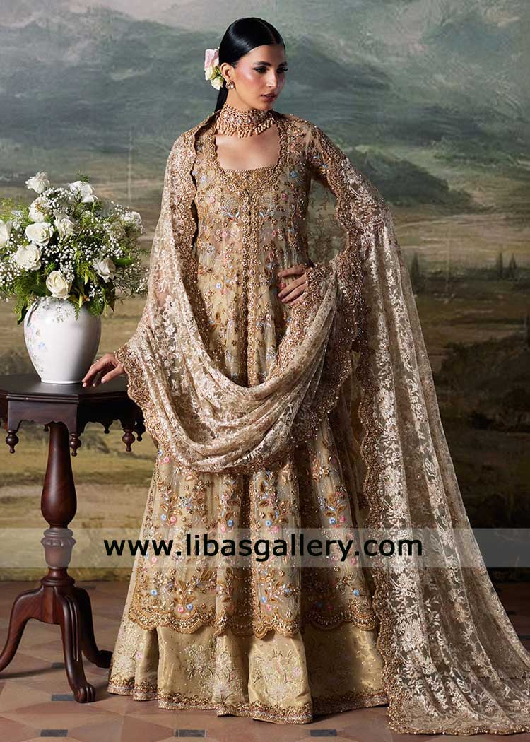 Champagne Gold Heritage Bridal Pishwas with Lehenga