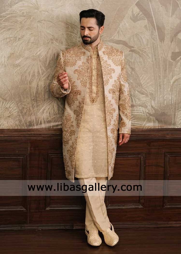 Champagne gold groom wedding sherwani mughal era floral embroidery with sequins hand work with inner and shoes Mississippi Montreal Dubai Perth