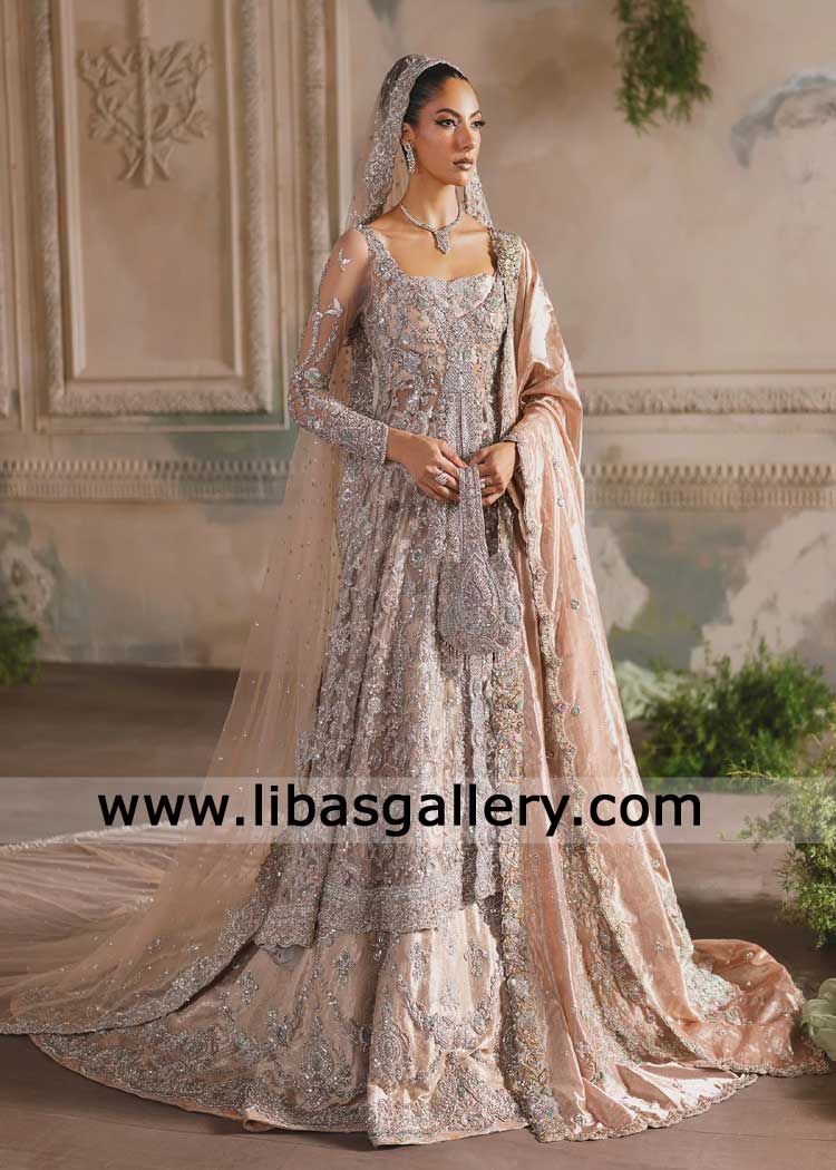 Champagne Peach Pakistani Bridal Lehenga with Train and front open Peshwas hand embellished with Zardozi work dupatta pouch UK USA Canada Dubai