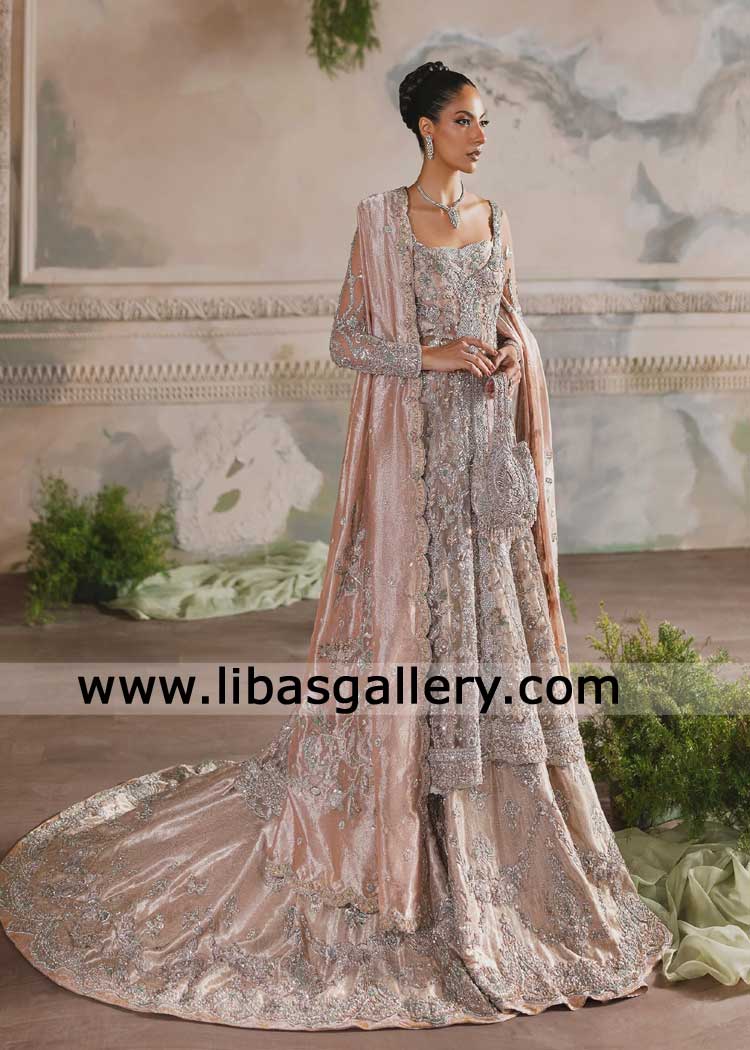 Champagne Peach Bridal Peshwas and Lehenga Sweeping Train