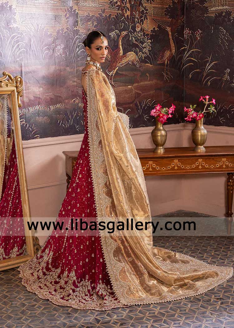 Cherry Red heavily embellished Jamawar Bridal Lehenga
