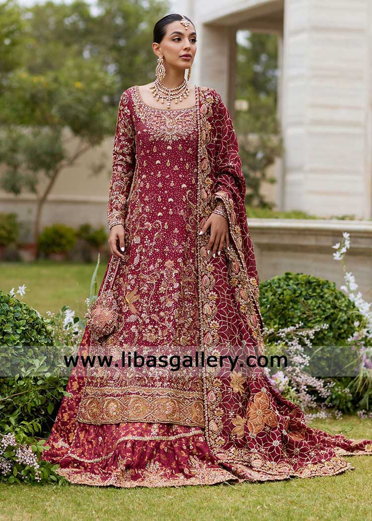 Cherry Red Bridal Shirt Farshi Lehenga with Gold Hand Embroidery