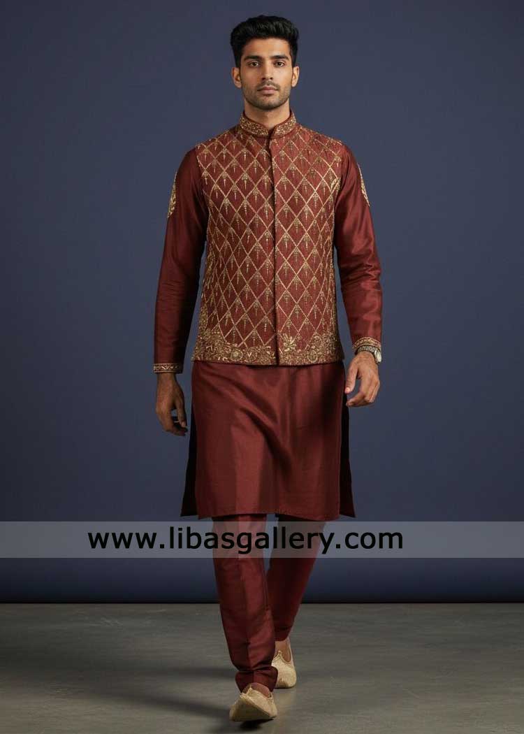 Deep Maroon Gold Embroidered Waistcoat for Groom Occasion