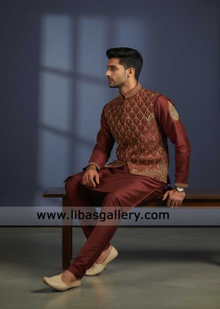 Deep Maroon Gold Embroidered Waistcoat for Groom Occasion