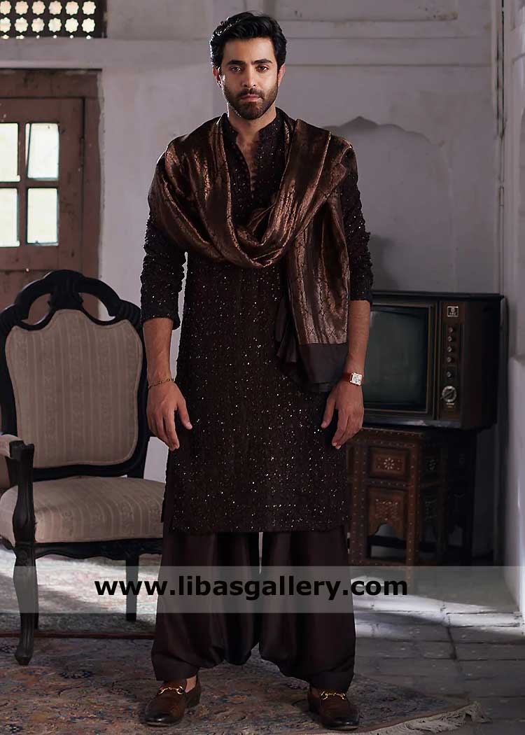 Chocolate Brown Men hand Embellished Kurta 