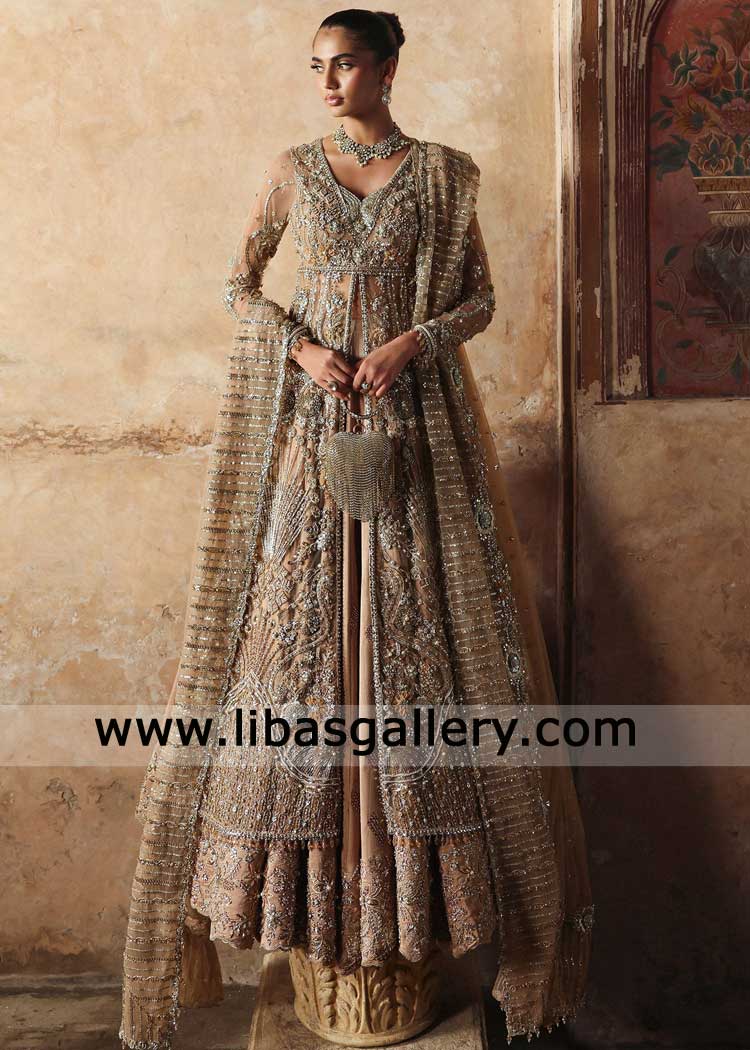 Coffee Front Open Gown with light Contrast Lehenga
