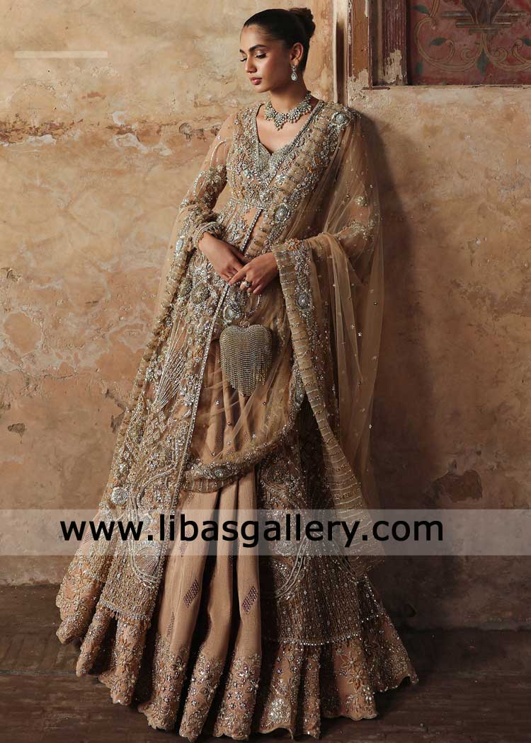 Coffee Front Open Gown with light Contrast Lehenga