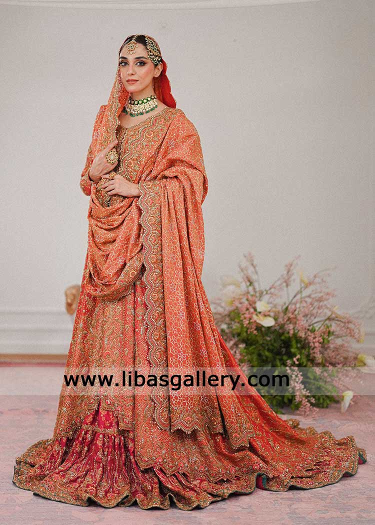 Coral Trailed Kalidaar with Berry Pink Farshi Lehenga | Luxury Pakistani Bridal Wear