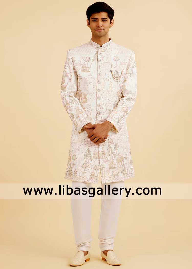 Cream Luxury Embellished Sherwani for Groom Nikah