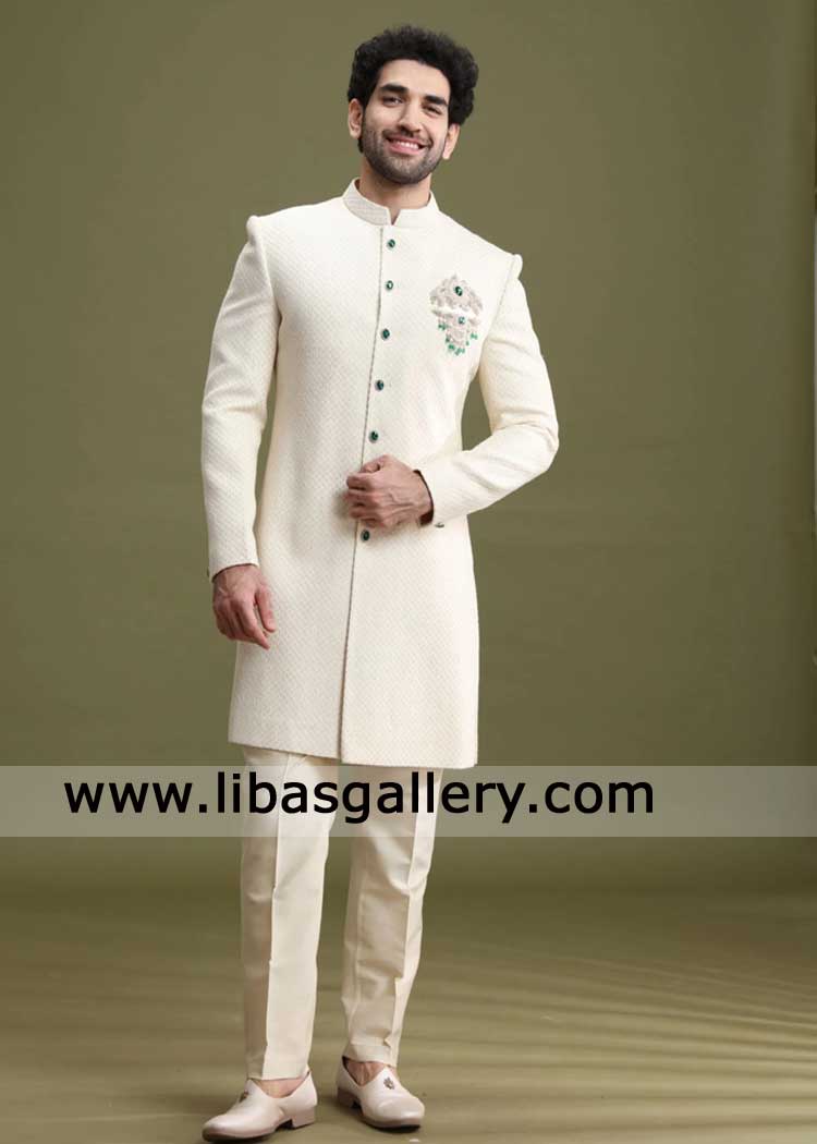 Cream Embroidered Groom Sherwani with Embroidered buttons