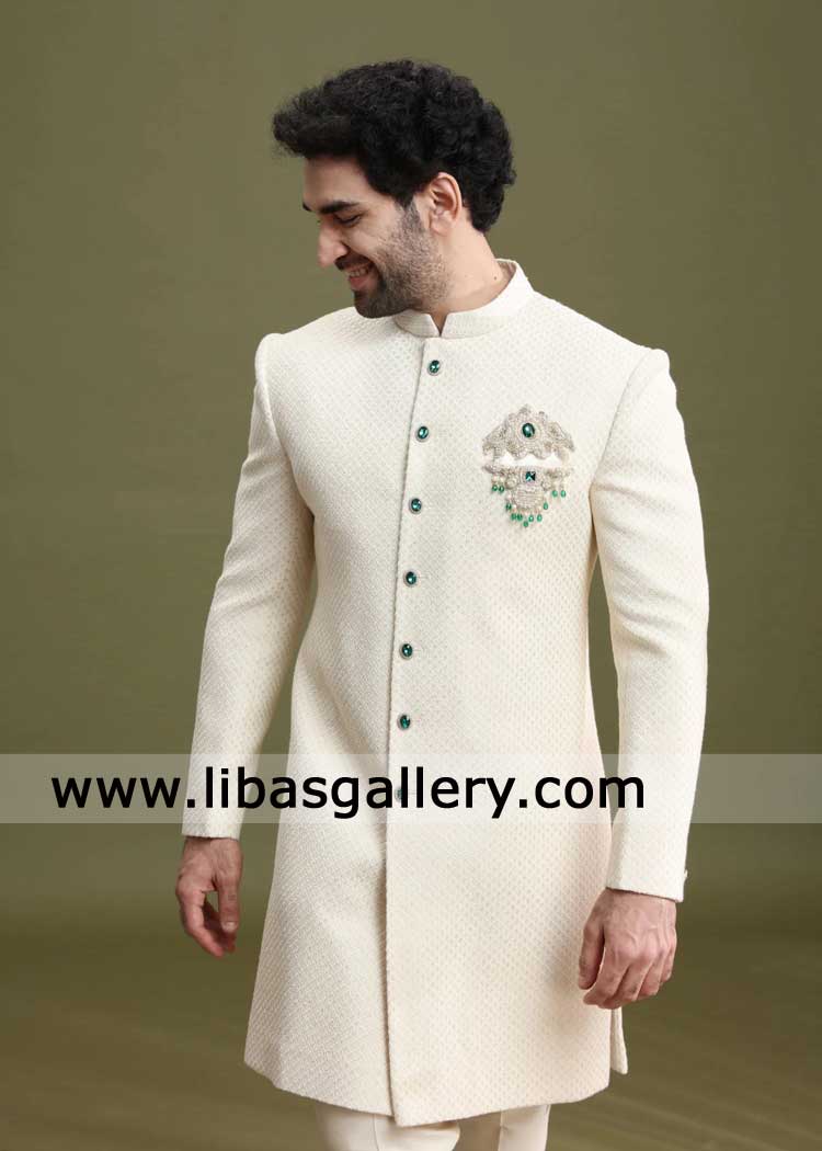 Cream Embroidered Groom Sherwani with Embroidered buttons