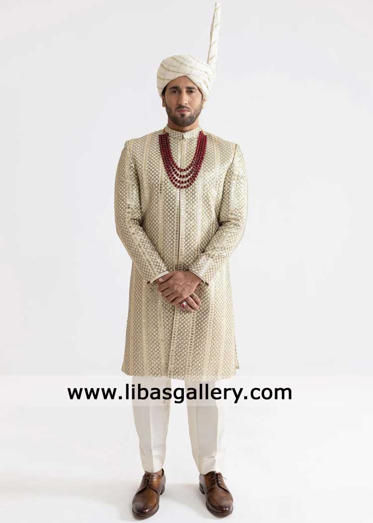 Luxury Cream Gold embroidered Wedding Sherwani for Men