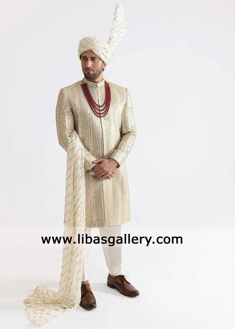 Luxury Cream Gold embroidered Wedding Sherwani for Men