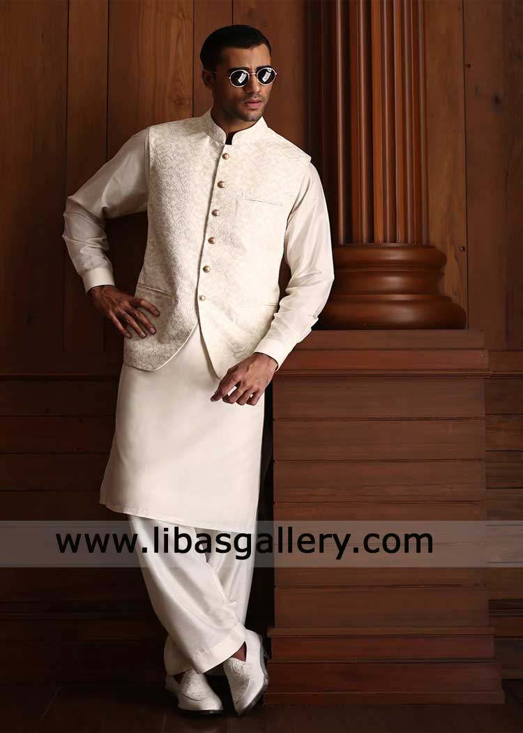 Cream thread Embroidered Men Waistcoat Design