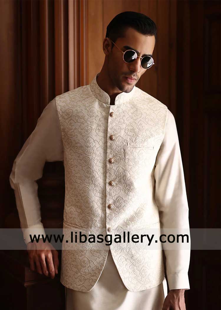Cream thread Embroidered Men Waistcoat Design