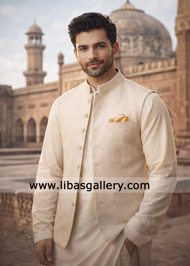 Cream waistcoat for men with seven buttons and pocket square Pair with white kurta and trouser inner for a stylish look UK USA Canada