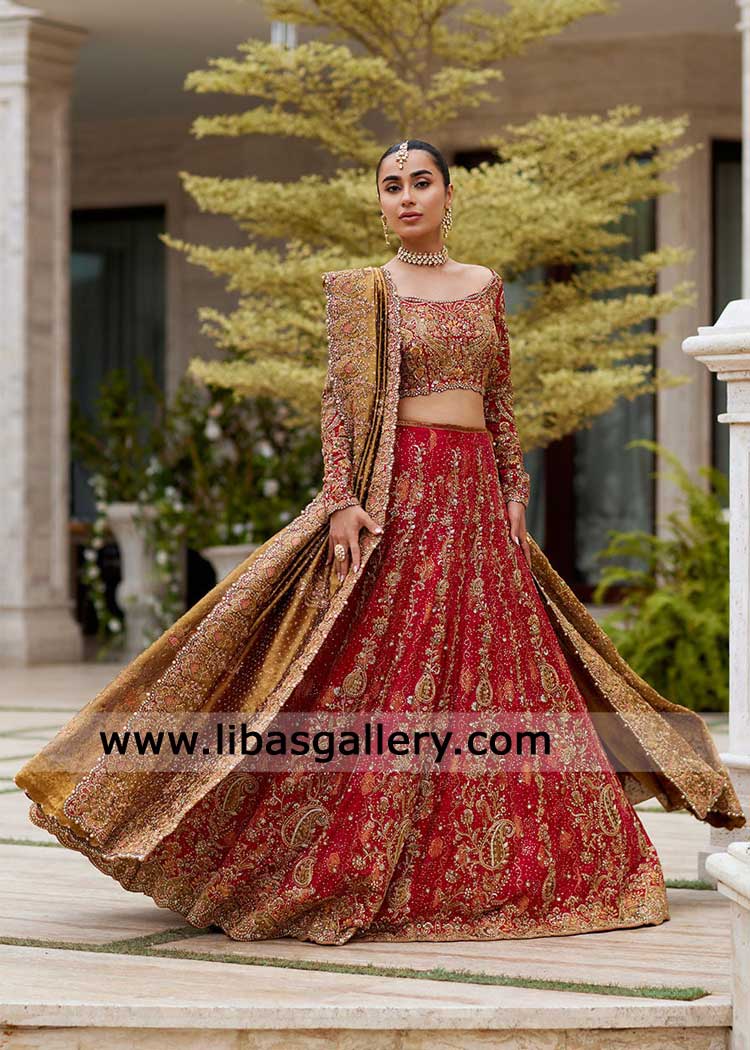 Crimson Red hand embellished lehenga Choli with Copper Dupatta