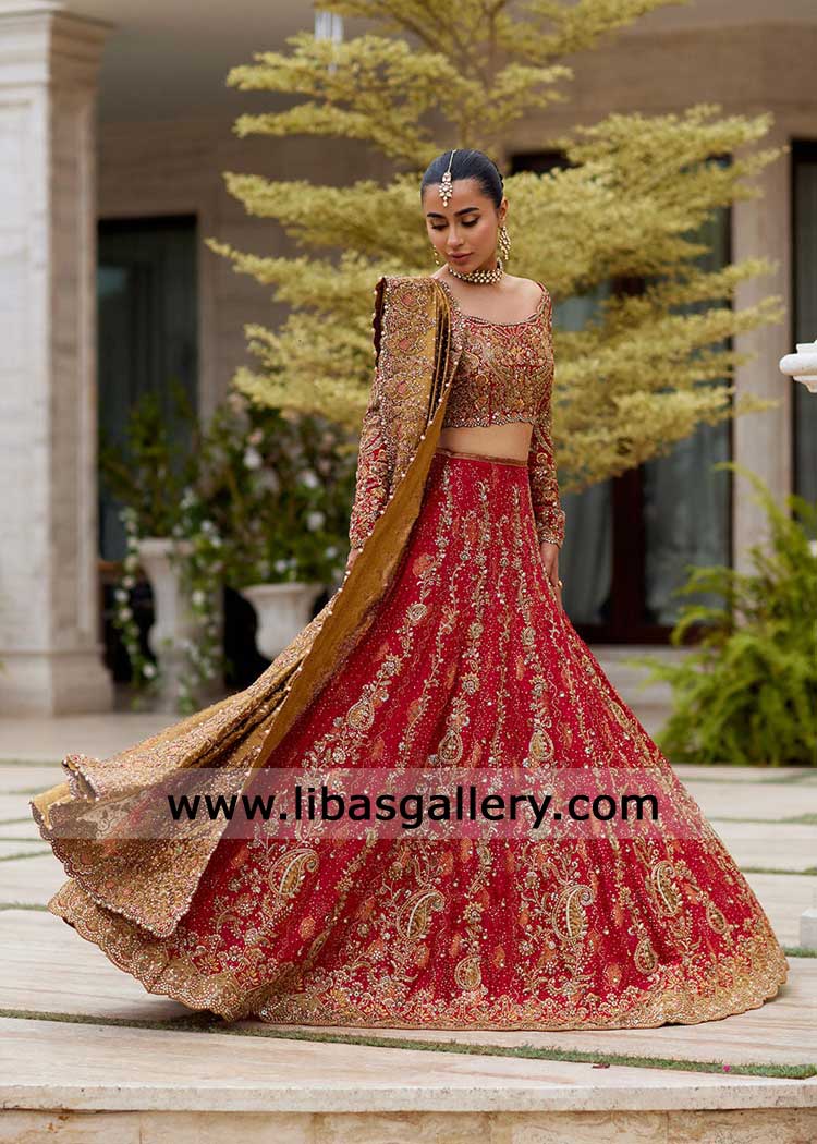Crimson Red hand embellished lehenga Choli with Copper Dupatta