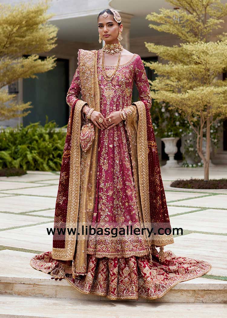 Crimson Red Bridal Peshwas with Jamawar Farshi Lehenga