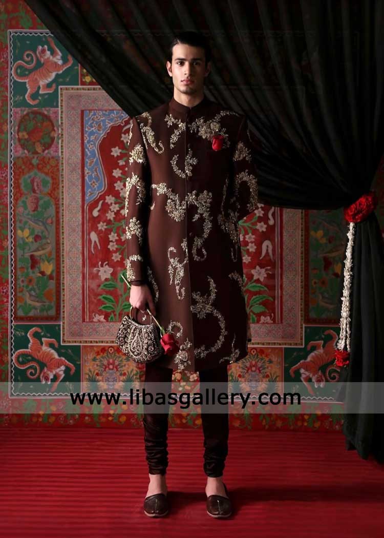 Dark Brown Embroidered Raw Silk Sherwani for Groom