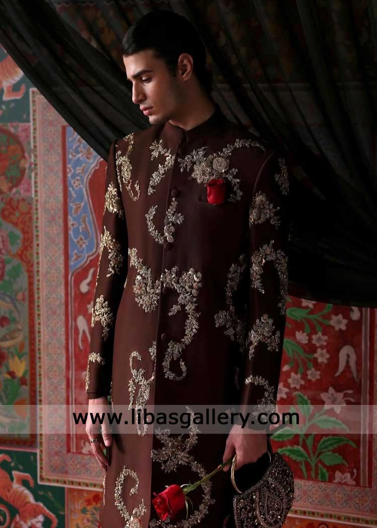 Dark Brown Embroidered Raw Silk Sherwani for Groom