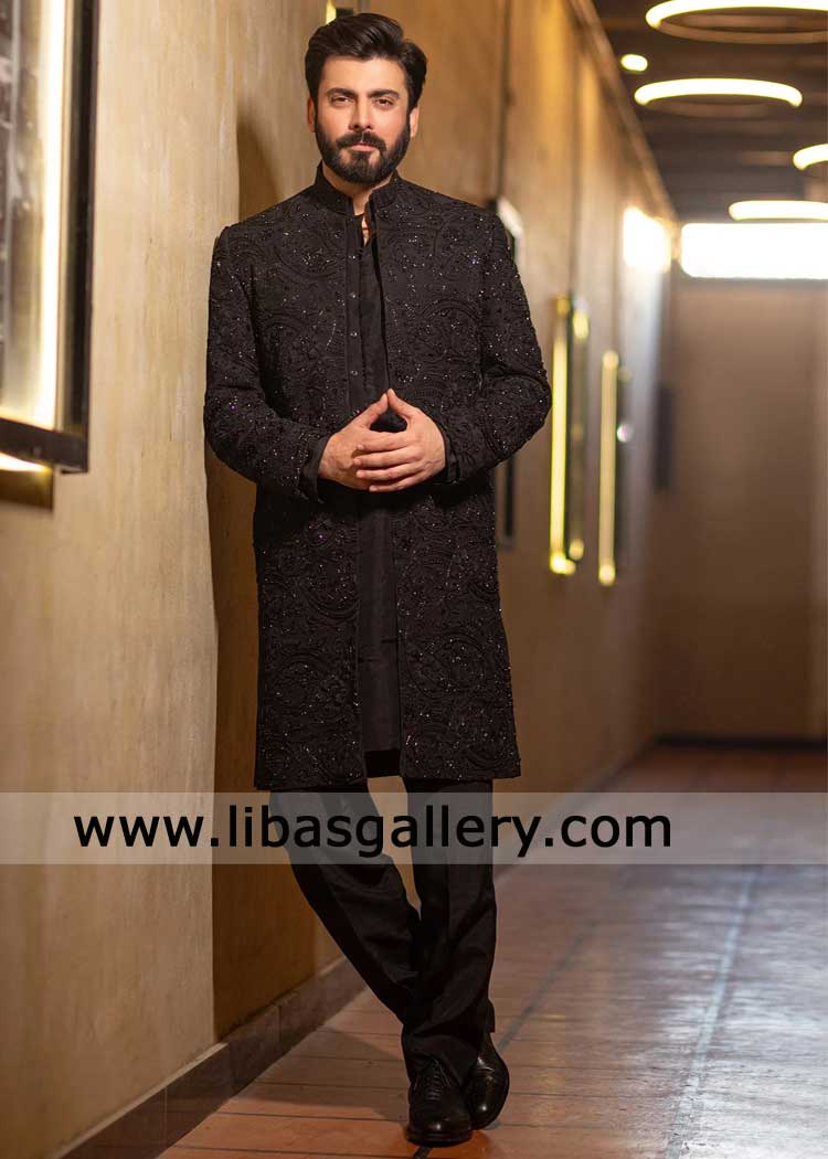 Deep Black Embroidered Nikah Sherwani with Hand Work
